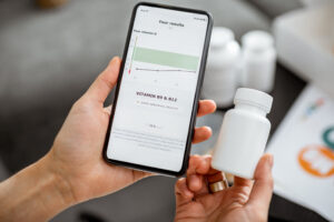 Woman checking the result of medical tests on a smartphone, close-up with nutritional supplements on the background. Concept of individual online selection of food supplements